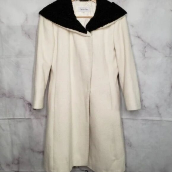 CALVIN KLEIN white wool blend black collar mid-length winter coat 2 - Picture 1 of 8